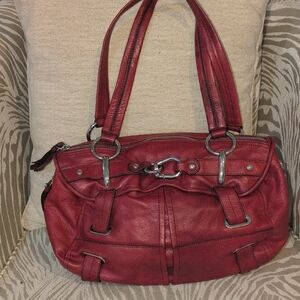 B.Makowsky Red Pebble Leather Shoulder Bag With Silver Hardware